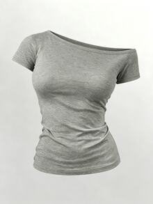 IslaSuriya Women's Fashion Rivet & Floral Pattern Asymmetrical Shoulder Tight Short Sleeve T-Shirt, Summer - Grey - View 5