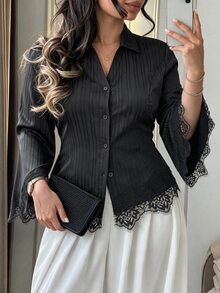 Elenzga Plus Size Women's Autumn/Winter Blouse With Notched Collar, Flared Sleeves, Lace Patchwork, Waist-Cinching Design, Elegant Commuter Daily Wear Fall - Black - View 7