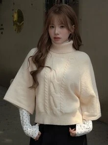 K-Vae Women's Cable Knit High Neck Raglan Sleeve Loose Fit Fashion Sweater - Apricot - View 6
