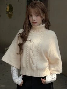 K-Vae Women's Cable Knit High Neck Raglan Sleeve Loose Fit Fashion Sweater - Apricot - View 5