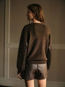 MOTF AUTUMN/WINTER VINTAGE PREMIUM HEAVY EMBELLISHED SEQUIN KNIT V-NECK STAR & FLORAL METAL BUTTON LOOSE DARK PULLOVER JACKET - Coffee Brown - View 3