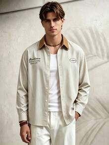 TONEVAULT Men's Colorblock Striped Patchwork Letter Print Single-Breasted Casual Fashion Shirt - Apricot - View 3