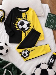SHEIN Young Boy Casual Minimalist Slim Fit Comfortable Crew Neck Short Sleeve Long Pants Lounge Set, Suitable For Spring/Summer, Classic Handsome Splatter Football Graphic Print - Multicolor - View 1