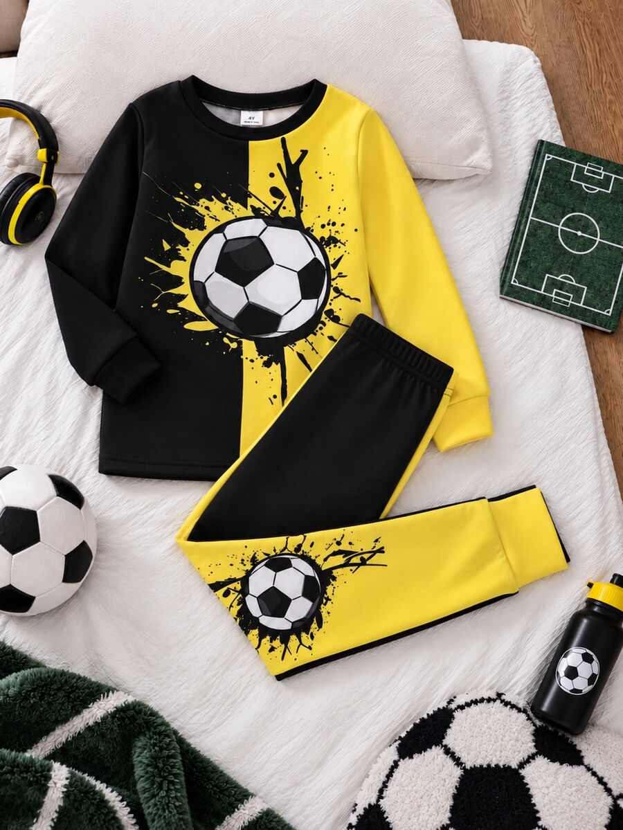 SHEIN Young Boy Casual Minimalist Slim Fit Comfortable Crew Neck Short Sleeve Long Pants Lounge Set, Suitable For Spring/Summer, Classic Handsome Splatter Football Graphic Print - Multicolor - View 1