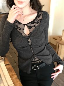DAZY Women's Lace Patchwork Long Sleeve Fitted Pullover T-Shirt - Black - View 3