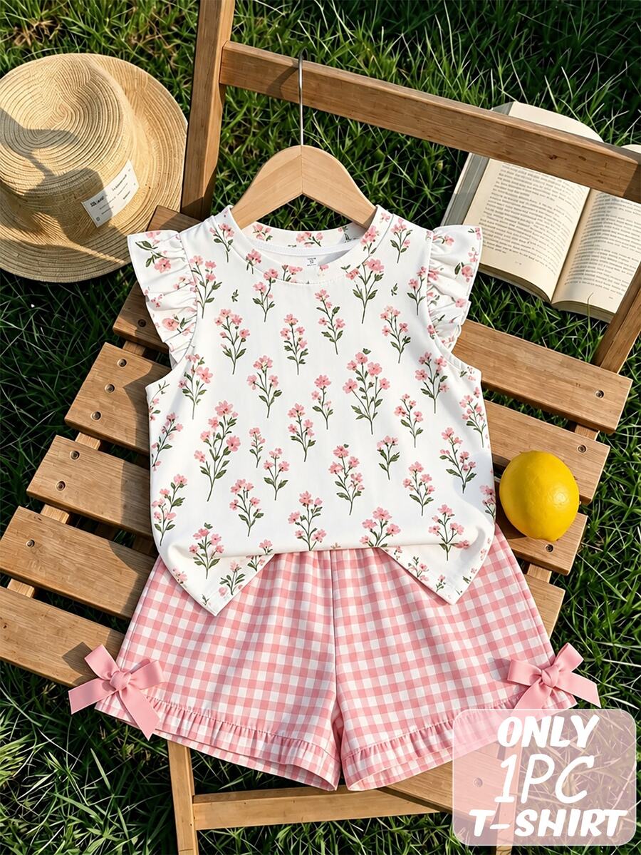 Girls Sweet Floral Flutter Sleeve T-Shirt - White Casual Outing Top, Autumn New Design, Suitable For Christmas And Halloween, All-Season Wear, Cute Holiday And Daily - Black - View 1
