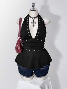SHEIN ICON Women's Plus Size Metal Eyelet Pleated Halter Neck Tie Tank Top - Black - View 6