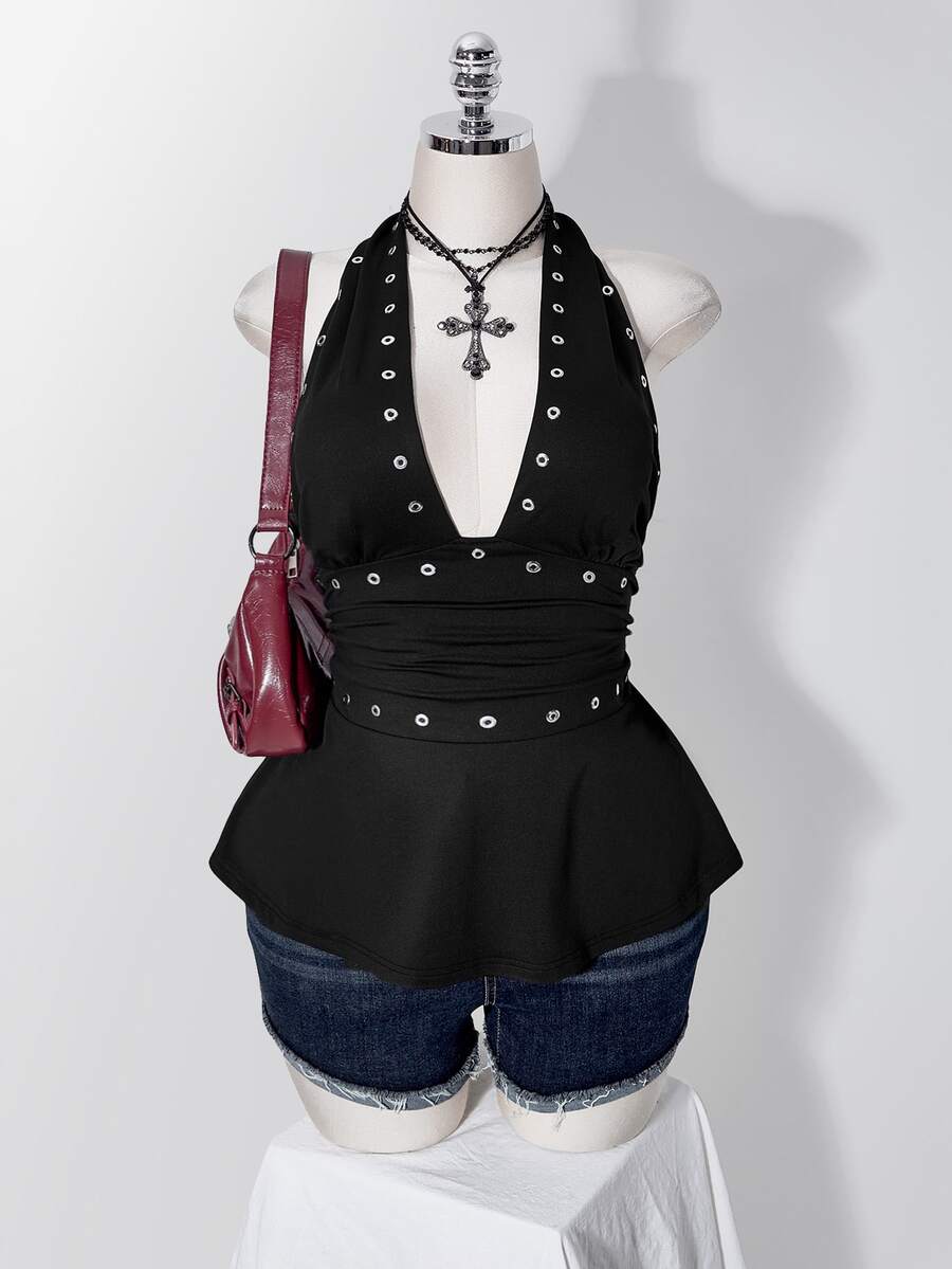 SHEIN ICON ملابس علوية تانك نسائية بمقاس كبير مع فتحات معدنية وتجاعيد وربطة عنق هالتر - الأسود - مشاهدة 1