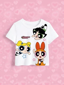 THE POWERPUFF GIRLS X SHEIN Atasan Kasual Lengan Pendek Leher Bulat Motif Kartun untuk Bayi Perempuan - Putih - View 3