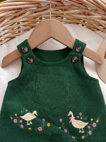 SHEIN Newborn Baby Girl Cute Red Casual Cartoon Embroidered Pattern Autumn Winter Dress - Green - View 4