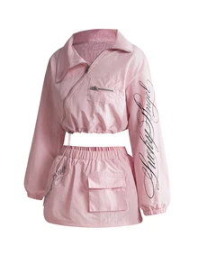 ROMWE Street Life Street Style Pink Nylon Outdoor Letter Print Cropped Jacket & Skirt Two Pieces Set For Women - Baby Pink - View 5