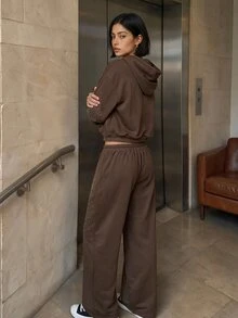 Aidyla بنطال رياضي طويل للنساء جديد للخريف/الشتاء، بتصميم أنيق مزين بحرفية الماس، بلون موحد، ساق مستقيمة، كاجوال متعدد الاستخدامات للتنقل اليومي، بخصر مطاطي - بني - مشاهدة 5