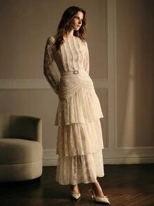 MOTF PREMIUM WOMEN'S SOLID COLOR PLEATED DESIGN LAYERED HEM ELEGANT LONG DRESS - Apricot - View 1