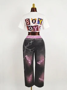 Slaydiva Women's Loose Fashion Denim Jeans With Waist Patchwork Letter & Face Print - Pink - View 6