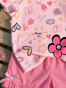 Young Girl 1 Pc Floral Heart Print Ruffle Sleeve Tee, Pink, Summer - Pink - View 3