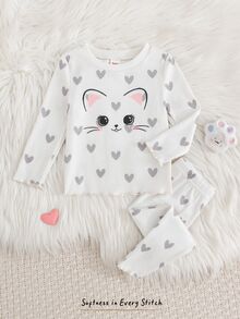 Cozy Pixies 女嬰針織卡通小貓與愛心圖案休閒T恤長褲家居服2件套 - 彩色 - 查看 3