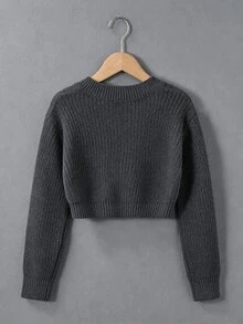 SHEIN كنزة صوفية طويلة الأكمام بلون موحد وياقة دائرية كاجوال متعددة الاستخدامات للارتداء اليومي للفتيات المراهقات في فصل الخريف - رمادي غامق - مشاهدة 2