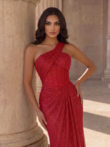 Coutiva Women's Mesh Beaded Embroidered Front Panel Boned Long Formal Evening Gown (Heavy Workmanship) - Burgundy - View 4