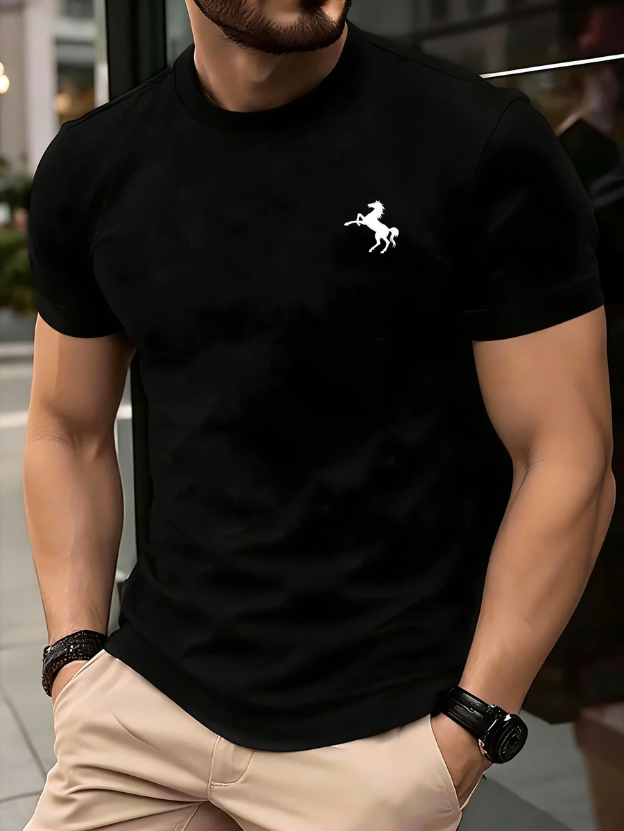HypeHours Men's Plus Size Classic Casual Horse Logo Fitted T-Shirt, Suitable For Daily Wear And Gatherings - Black - View 1