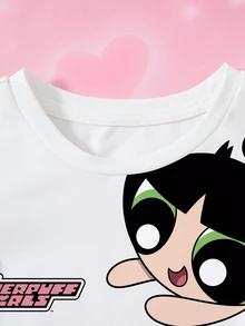 THE POWERPUFF GIRLS X SHEIN Atasan Kasual Lengan Pendek Leher Bulat Motif Kartun untuk Bayi Perempuan - Putih - View 4