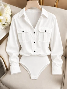 Franclia White Drop Shoulder Long Sleeve Contrast Button Lapel Utility Pocket Design Women's Bodysuit Shirt - White - View 3