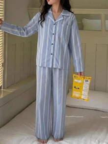 Dazy Kids 女童 2 件組條紋居家休閒套裝，簡約翻領短袖寬鬆上衣搭配休閒直筒長褲 (大號) - 藍白色 - 查看 5