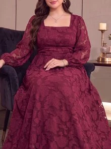 Modelyn Plus Size Women's Fashion Simple Elegant Waist-Cinching Dress - Burgundy - View 3