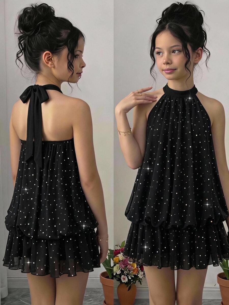 SHEIN Tween女孩黑色掛脖綁帶迷你洋裝,派對華麗兒童洋裝 - 黑色 - 查看 1