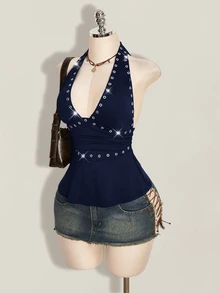 SHEIN ICON 萬聖節女性掛脖露背黑色與銀色娃娃裝背心，適合夜店、派對、夏季性感穿搭 - 藏蓝色 - 查看 4