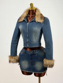 SHEIN Women's Plush Patchwork Zipper Casual Daily Denim Jacket - Dark Wash - View 7