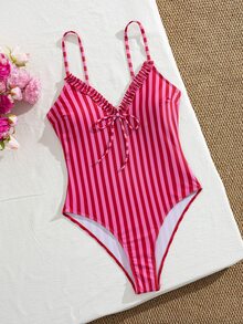 Swim Mod 女款復古細肩帶深V領荷葉邊蕾絲繫帶蝴蝶結＋直條紋印花連身泳衣，適合海灘、海邊、派對 - 彩色 - 查看 8