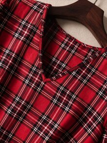 Rusticease Middle-Aged Women Plaid Pattern Long Sleeve V-Neck Waist-Cinching Dress - Black - View 3