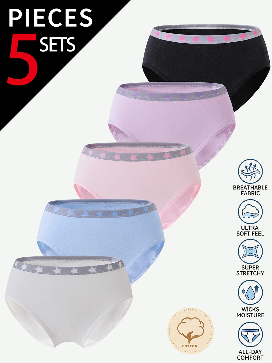 5pcs Girls Big Tween Girl 4-Season Pure Cotton Solid Color Star Waistband Multi-Color Multi-Pattern Triangle Panties - Multicolor - View 1