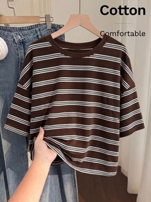 Comfortcana Áo thun size lớn phong cách vintage phối màu sọc color block, thời trang đường phố thường ngày - Nhiều màu - Xem 4