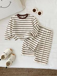 2pcs Baby Girl Textured Striped Knit Soft Crew Neck Long Sleeve Drop Shoulder Pullover Sweatshirt Elastic Waist Long Pants Autumn/Winter Two Pieces Set - Multicolor - View 9