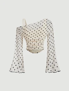SHEIN MOD Women's 2pcs Solid Color & Polka Dot Asymmetrical Shoulder T-Shirts - Brown - View 9