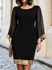 Velvienne Women's Solid Color Patchwork Beaded Design Casual Elegant Versatile Daily Elegant Commute Dress - Black - View 4