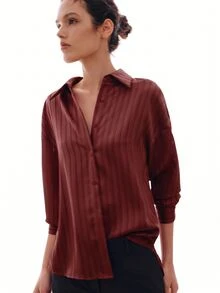 MOTF PREMIUM FRENCH STRIPED DROP SHOULDER LOOSE SHIRT - Burgundy - View 8