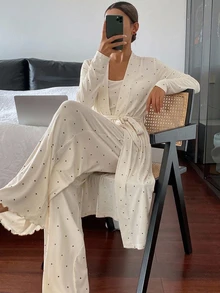 DAZY 3pcs Women's Polka Dot Print Long Cardigan, Long Sleeve Robe, Sleeveless Camisole Tank Top, Straight Long Pajama Pants Sleepwear Set - White - View 6
