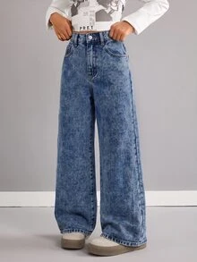 SHEIN Tween Girls Loose Wide Leg Denim Pants - Dark Wash - View 3