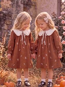 Baby Girls Printed Peter Pan Collar Dress, Casual Fashion, Creative Personalized, Fresh And Cute - Brown - View 8