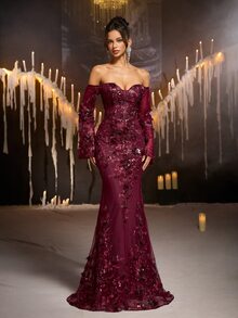Glamrae Burgundy Cold Shoulder Deep V-Neck Sequin 3D Floral Applique Sheer Mesh Mermaid Long Dress, Long Bell Sleeves Formal Evening Gown, Suitable For Prom, Evening Party, Wedding And Party - Burgundy - View 6