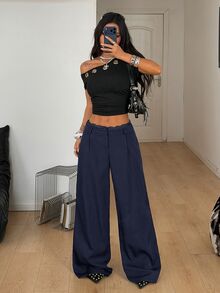 SHEIN Tall CURVE 大尺碼女款夏季街頭風商務休閒優雅約會夜穿辦公穿搭時尚極簡拼接蕾絲黑色長褲秋季 - 藏蓝色 - 查看 4