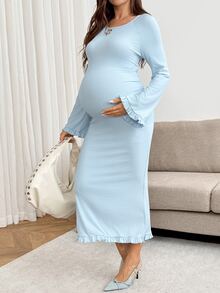 SHEIN Maternity Solid Color Round Neck Ruffle Hem Fashion Elastic Dress - Blue - View 3