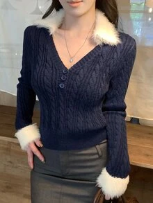 DAZY Women's Colorblock Patchwork Short Casual Pullover Sweater - Navy Blue - View 1