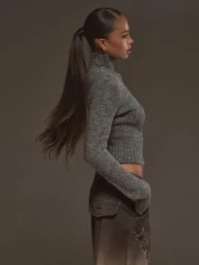 MUSERA Atasan Rajut Abu-abu Lengan Panjang Asimetris dengan Resleting, Gaya Keren untuk Musim Gugur dan Musim Dingin - Grey - View 3