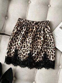 GlowEve CURVE Plus Size Women's Hot-Selling Elegant Classic Leopard Print Lace Patchwork Sexy Fitted Party Short Bodycon Skirt, Minimalist Asymmetrical Ruched Design, Suitable For Party Club Gathering Evening Date Outfit - Multicolor - View 2