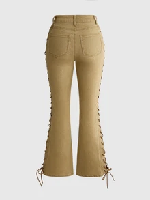 ROMWE Autumn/Winter Retro Hippie Side Lace-Up Flare Leg Women's Jeans - Coffee Brown - View 2