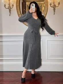 Modelyn Women's Minimalist Commuter Button Long Sleeve Sweater Dress - Dark Grey - View 3
