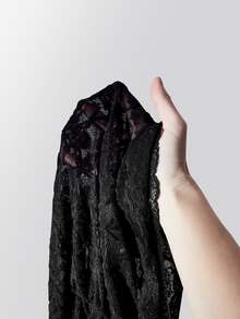 SHEIN ICON Women's Plus Size Lace Patchwork Black Flocked Top - Black - View 11